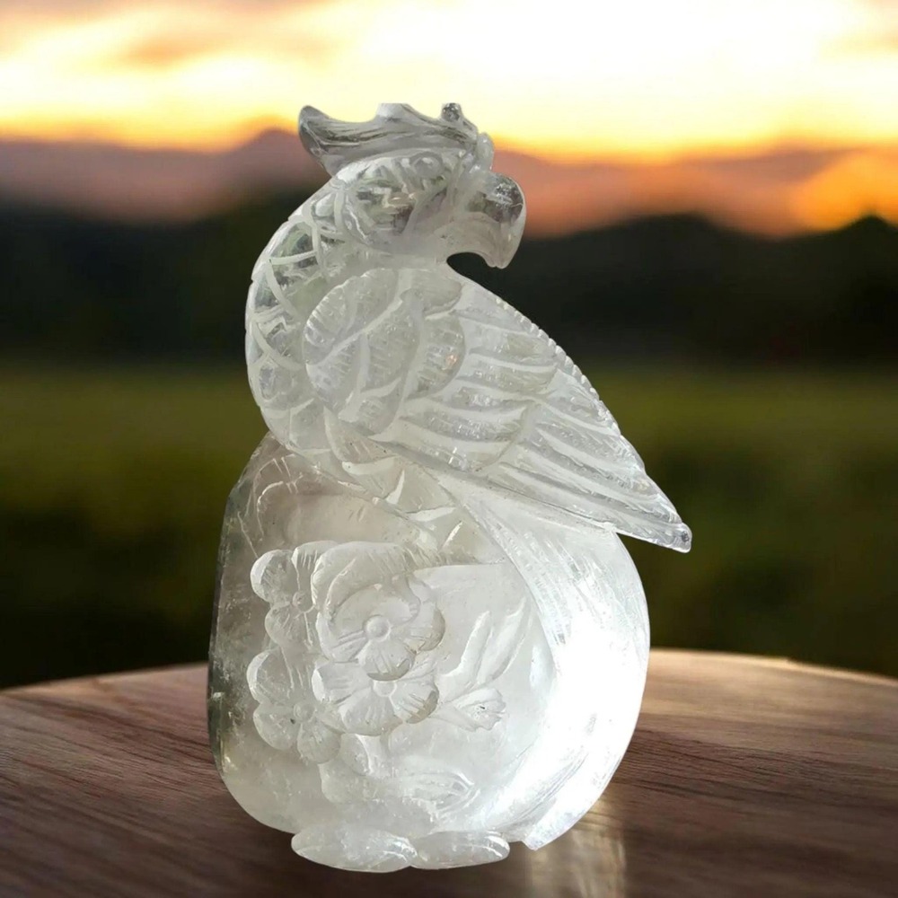 Hand Carved Garden Quartz Phoenix Sculpture, Custom Wooden Base